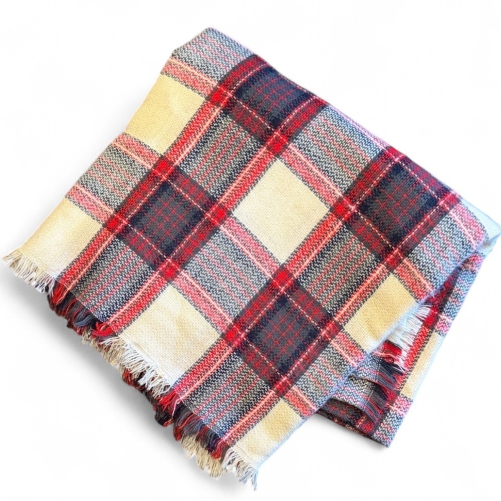 BP Plaid Fringe Blanket Scarf Cream Red Blue